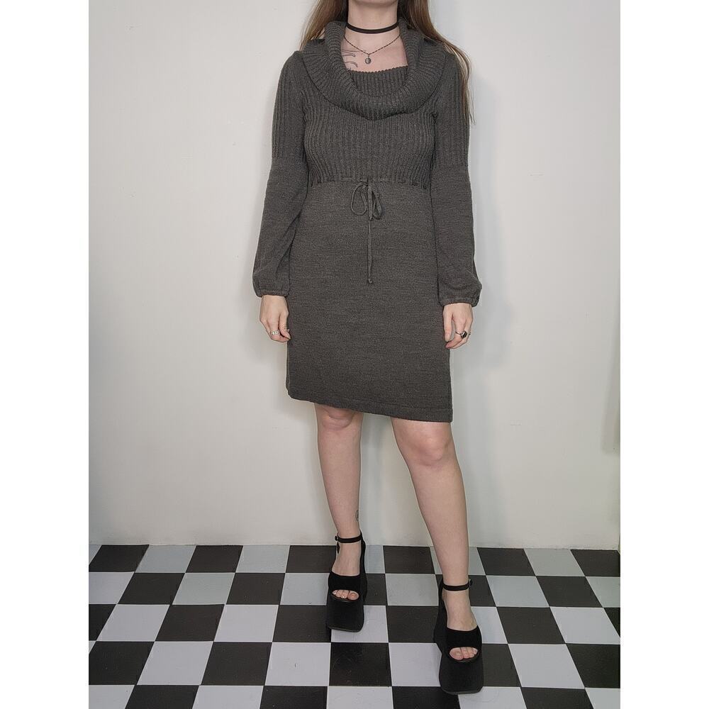 Gray Y2k Off Shoulder Knit Lantern Sleeve Dress - Picture 2 of 7
